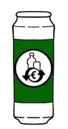 Illustration einer Dose mit einem grünen Streifen und einem Recycling-Symbol in einem Kreis mit einem Euro-Zeichen und zwei Flaschen an den Seiten.