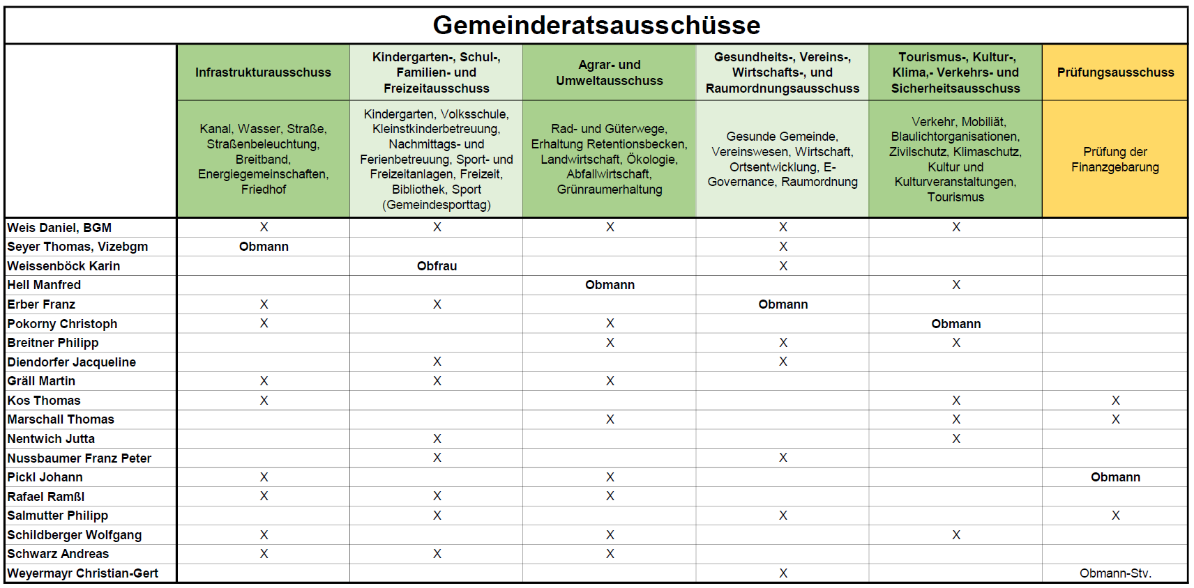 Die Tabelle zeigt Gemeinderäte in verschiedenen Kategorien wie Kindergarten, Schule, Familie und Freizeit. Es umfasst auch Agrar- und Umweltausschüsse, Gesundheits-, Vereins-, Wirtschafts- und Planungsausschüsse. Jede Kategorie hat Kontrollkästchen zur Angabe der Mitgliedschaft.