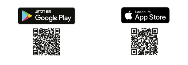Zwei Symbole für App-Stores: Google Play und Apple App Store, jeweils mit einem QR-Code darunter.