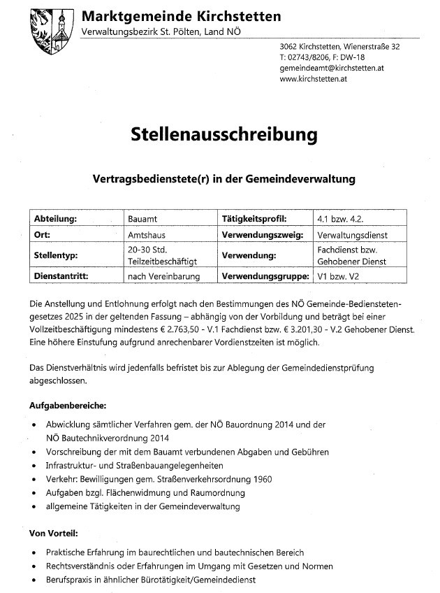 Stellenausschreibung für Vertragsbedienstete in der Gemeindeverwaltung. Details umfassen Abteilung, Rolle, Standort, Nutzung und Gehaltsspanne.