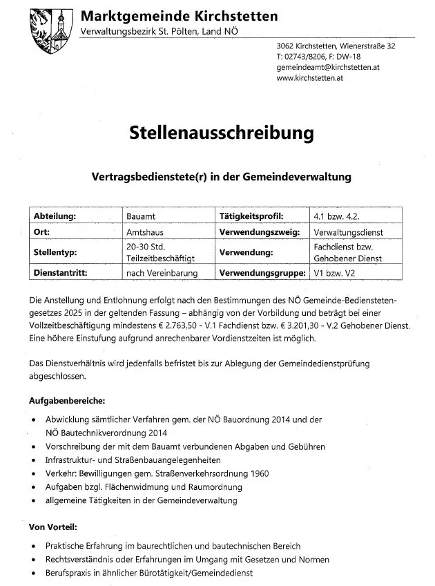 Stellenausschreibung für Vertragsbedienstete in der Gemeindeverwaltung. Details umfassen Abteilung, Rolle, Standort, Nutzung und Gehaltsspanne.