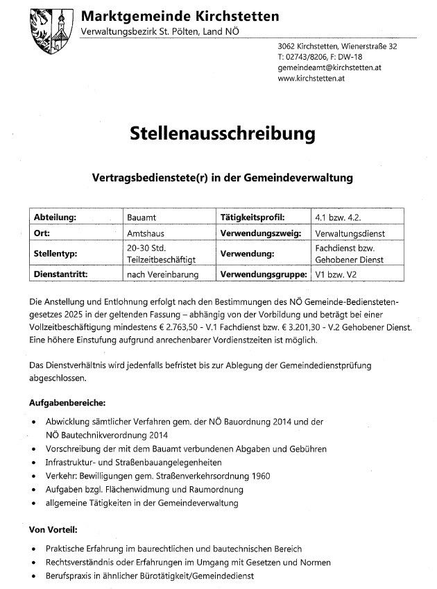 Stellenausschreibung für Vertragsbedienstete in der Gemeindeverwaltung. Details umfassen Abteilung, Rolle, Standort, Nutzung und Gehaltsspanne.