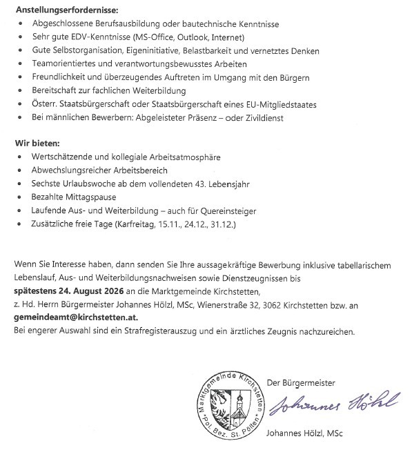 Ein Bewerbungsformular für eine Stelle bei der Marktgemeinde Kirchstetten, Österreich, mit Anforderungen wie abgeschlossener Berufsausbildung, ausgezeichnete Computerkenntnisse und persönliche Eigenschaften wie Selbstorganisation und Teamfähigkeit. Das Angebot umfasst ein wettbewerbsfähiges Gehalt, Zusatzleistungen und zusätzliche freie Tage. Der Bewerbungsschluss ist der 24. August 2026.