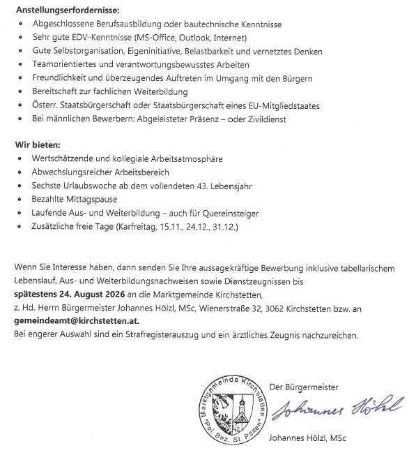 Ein Bewerbungsformular für eine Stelle bei der Marktgemeinde Kirchstetten, Österreich, mit Anforderungen wie abgeschlossener Berufsausbildung, ausgezeichnete Computerkenntnisse und persönliche Eigenschaften wie Selbstorganisation und Teamfähigkeit. Das Angebot umfasst ein wettbewerbsfähiges Gehalt, Zusatzleistungen und zusätzliche freie Tage. Der Bewerbungsschluss ist der 24. August 2026.