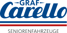 Ein Logo für 'Graf Carello' auf schwarzem Hintergrund. Der Name 'Graf Carello' ist blau, mit einer rot-blau gestreiften Linie darunter. Unten steht der Text 'Seniorenfahrzeuge' in weiß.