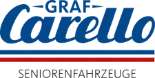 Ein Logo für 'Graf Carello' auf schwarzem Hintergrund. Der Name 'Graf Carello' ist blau, mit einer rot-blau gestreiften Linie darunter. Unten steht der Text 'Seniorenfahrzeuge' in weiß.