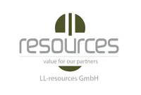 LL-resources GmbH Logo mit den Worten 'Resources' darüber und 'Value for our partners' darunter. Das Logo zeigt ein sonnenähnliches Design.
