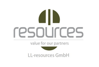 LL-resources GmbH Logo mit den Worten 'Resources' darüber und 'Value for our partners' darunter. Das Logo zeigt ein sonnenähnliches Design.