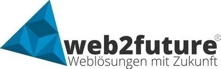 Das Bild zeigt ein Logo für web2future, das ein blaues Dreieck mit geometrischen Mustern darstellt. Darunter steht der Text 'web2future' in Schwarz und 'Weblösungen mit Zukunft' ebenfalls in Schwarz.
