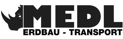 Schwarz-weißes Logo mit einem Nashorn und der Aufschrift 'MEDL' darüber und 'ERDBAU - TRANSPORT' darunter.