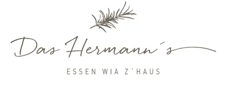 Das Hermann Essen wia z'Haus Logo zeigt einen stilisierten Rosmarinzweig über dem Text Hermann in kursiver Schrift, gefolgt von Essen wia z'Haus in fetter Schrift.