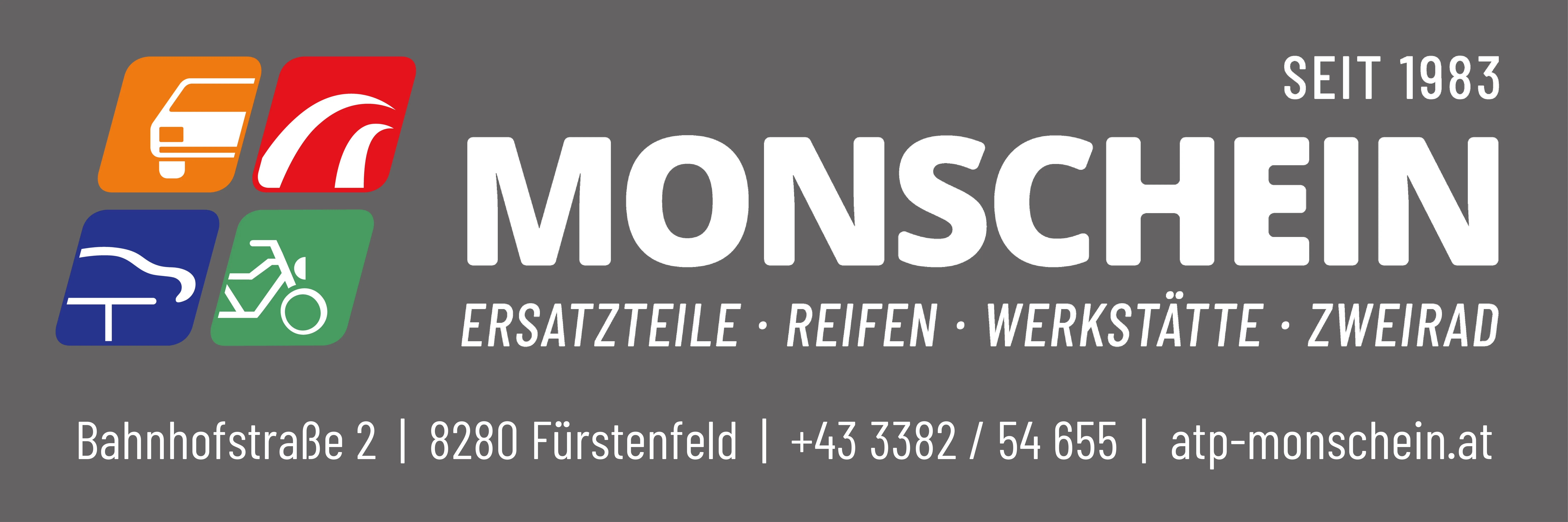 Ein grauer Hintergrund mit weißem Text zeigt die Wörter 'MONSO', 'SATZTEIILE', 'REIFEN', 'WE' und 'Fürstenfeld'. Unten sind zwei Telefonnummern, '+43 3382' und '54'.