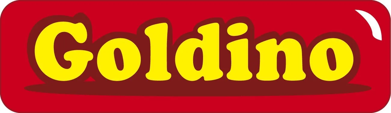 Ein roter Hintergrund mit gelbem Text, der 'Goldin' in einer stilisierten, verspielten Schriftart darstellt.