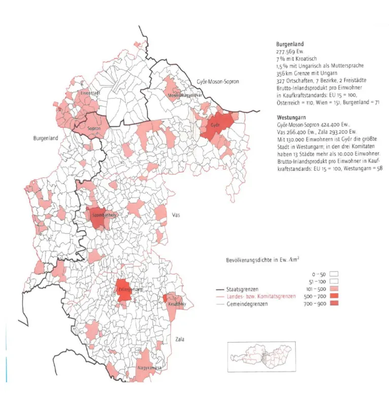 Eine Karte der burgenländischen und westungarischen Regionen Österreichs zeigt Bevölkerungsdichten. Burgenland hat 277.569 Einwohner mit 7% in Kroatisch. Westungarn hat 266.400 Einwohner mit 130.000 in drei Bezirken.