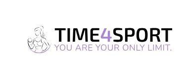Das Logo von Time4Sport zeigt eine Silhouette einer Frau in Fitnesspose mit dem Slogan 'Du bist deine eigene Grenze.' Der Text 'TIME4SPORT' ist in fetter lila und schwarzer Schrift.