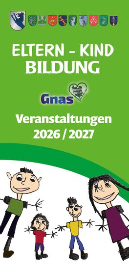 Ein Poster mit grünem Hintergrund, das das Gnas-Logo und den Text 'Veranstaltungen 2026 / 2027' zeigt. Unten sind zwei Cartoon-Charaktere gezeichnet.