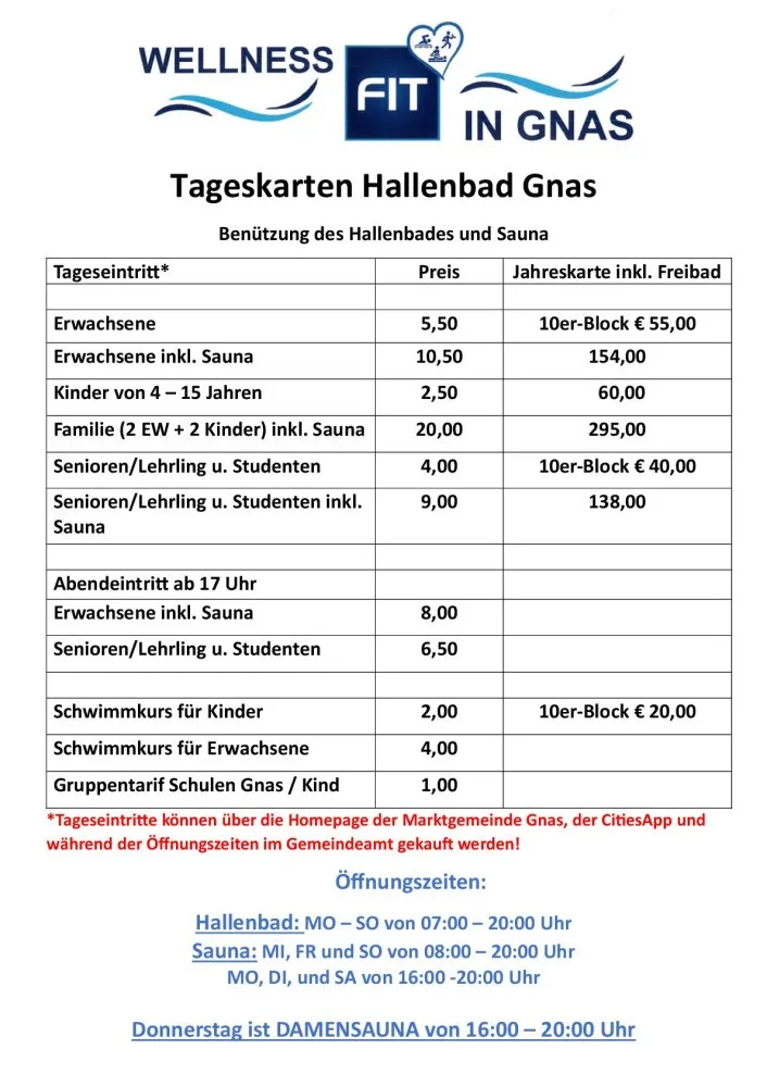 Die Preise für den Besuch des Hallenbads und der Sauna sind aufgeführt. Erwachsene, Kinder, Familien und Senioren haben unterschiedliche Tarife. Abendeintritt für Erwachsene beinhaltet Sauna. Gruppenrabatte verfügbar.