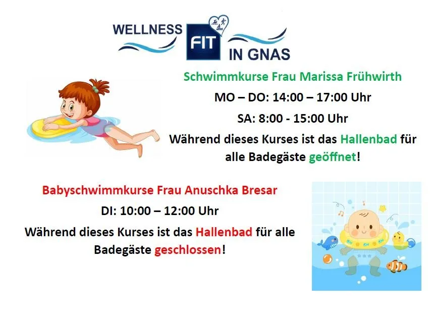 Ein Bild mit Details zu Schwimmkursen, das ein lächelndes Kind und ein Baby im Pool zeigt, zusammen mit Zeitplänen und Öffnungszeiten für das Hallenbad.