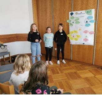 Vier Mädchen stehen vor einem Poster in einem Raum mit Holzböden. Drei stehen zusammen und eine steht etwas abseits. Sie scheinen zu präsentieren.