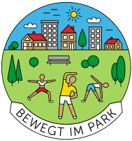 Eine Illustration von Menschen, die Yoga im Park mit Gebäuden und Bäumen machen. Der Text lautet 'Bewegt im Park'.
