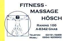 Ein Visitenkarten für Fitness - Massage Hösch, mit einer Illustration einer menschlichen Figur, Adresse Raning 100 A-8342 Gnas und Kontaktnummern.