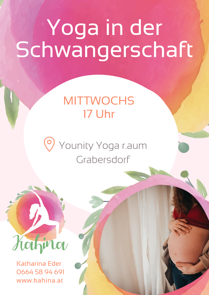 Plakat für eine Schwangerschaftsyoga-Klasse in Grabersdorf mittwochs um 17 Uhr. Es zeigt eine schwangere Frau und das Kahina-Logo.