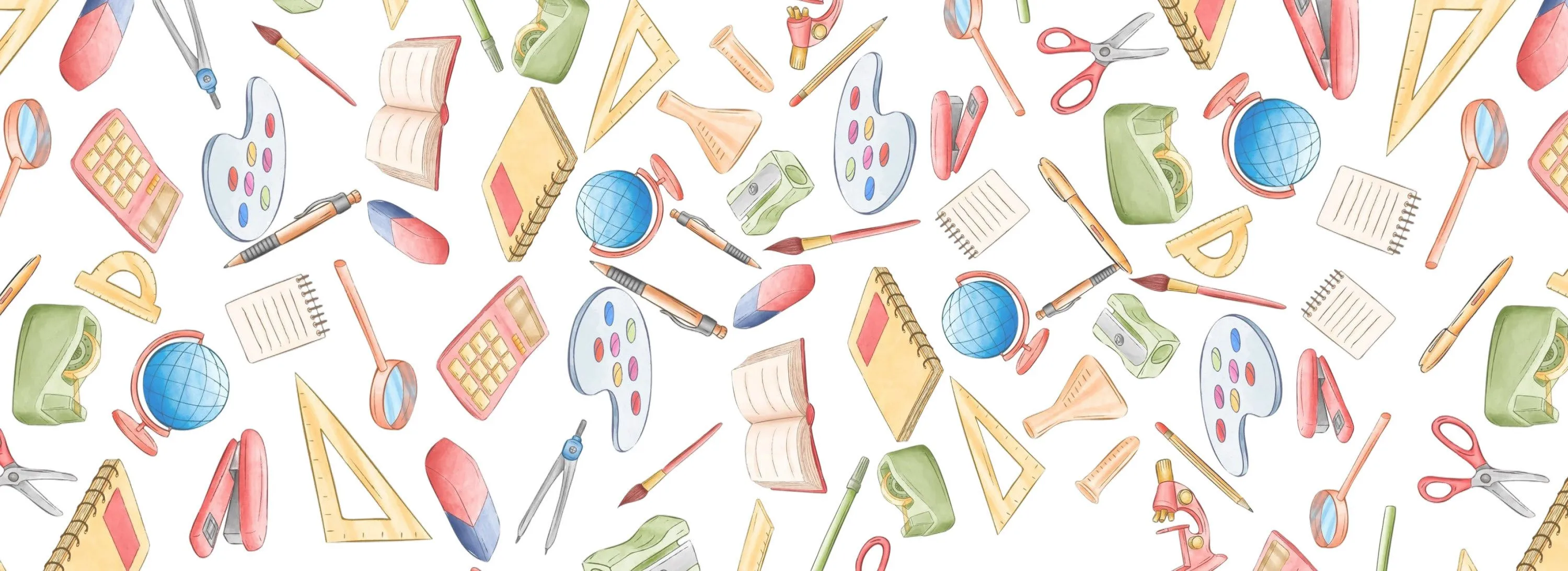 Illustration verschiedener Schulmaterialien wie Globen, Bücher, Farbpaletten und Stifte auf weißem Hintergrund.