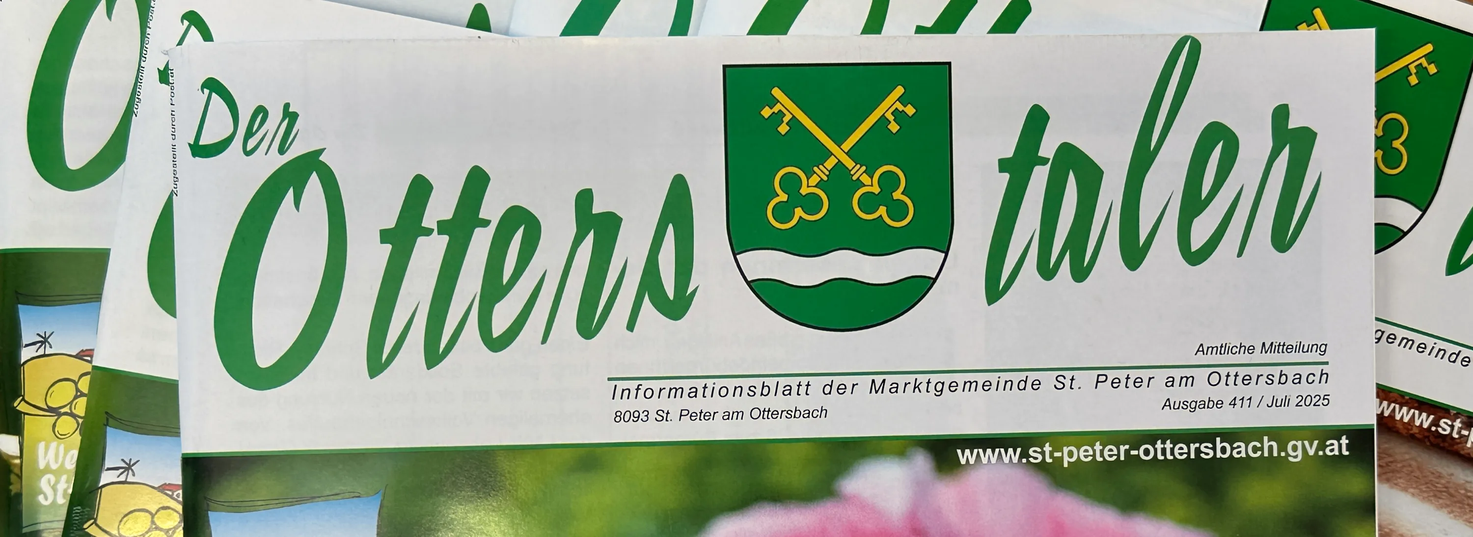 Informationsblatt der Marktgemeinde, gelegen in 8093 St. Peter am Ottersbach, mit einem grünen Schild und gekreuzten Schlüsseln als Symbol.
