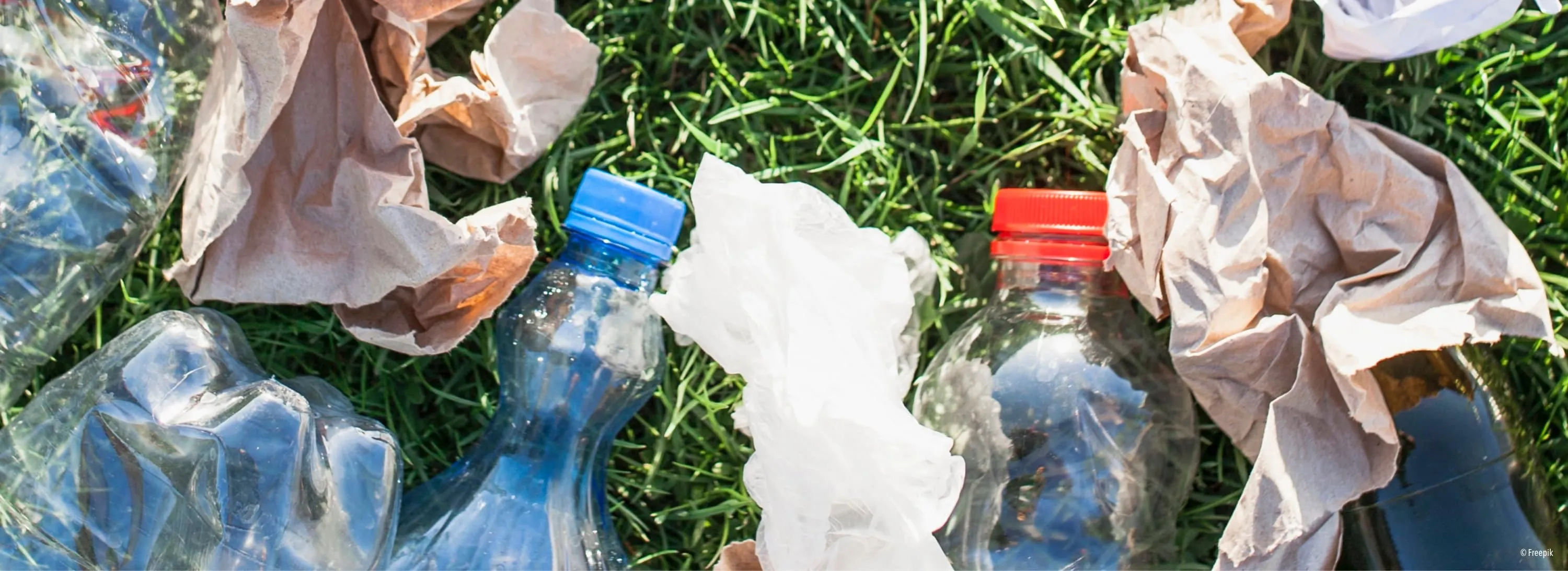 Drei Plastikartikel auf Gras: eine blaue Flasche, ein weißer Plastikbeutel und eine Glasflasche mit rotem Deckel.