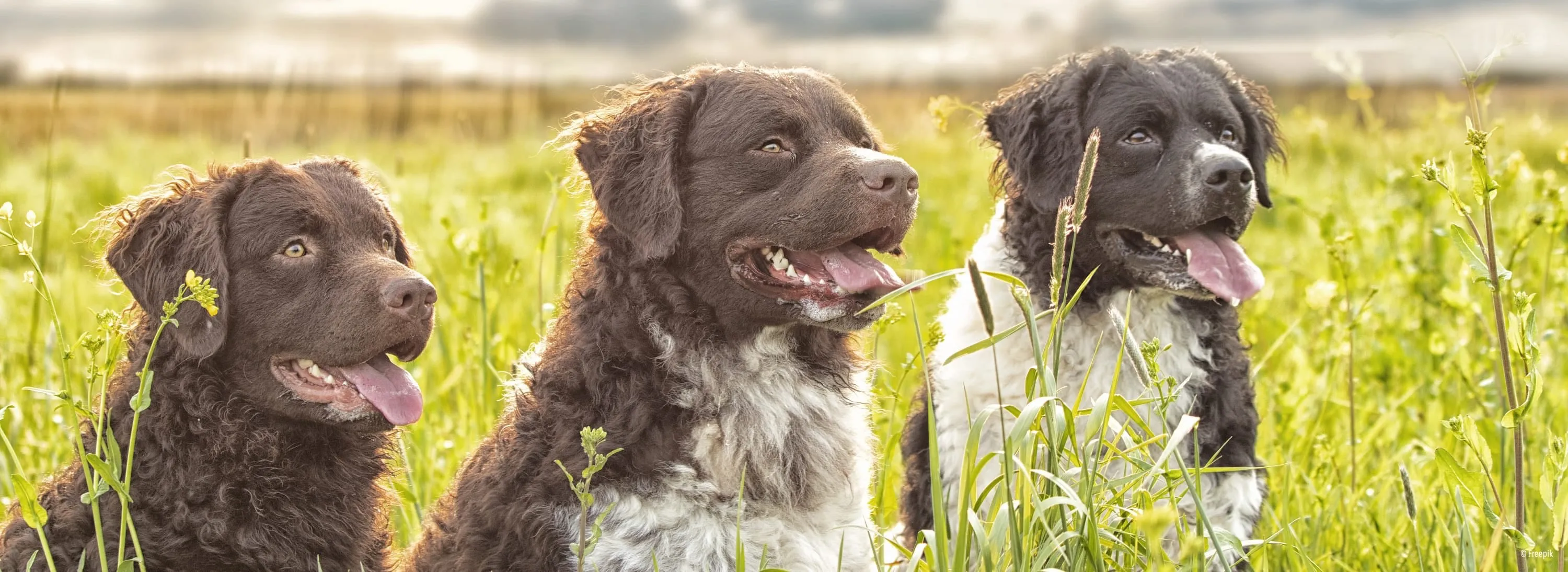 Zwei Hunde sitzen im hohen Gras, einer braun mit weißen Flecken, der andere schwarz. Sie sehen aufmerksam aus, vielleicht für ein Foto posierend.
