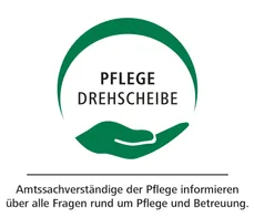 Das Logo zeigt einen grünen Kreis mit dem Text 'PFLEGE DREHSCHBEIBE' und einem Handsymbol darin. Darunter steht der Text 'Amtssachverständige der Pflege informieren aller Fragen rund um Pflege und Betreuung.'