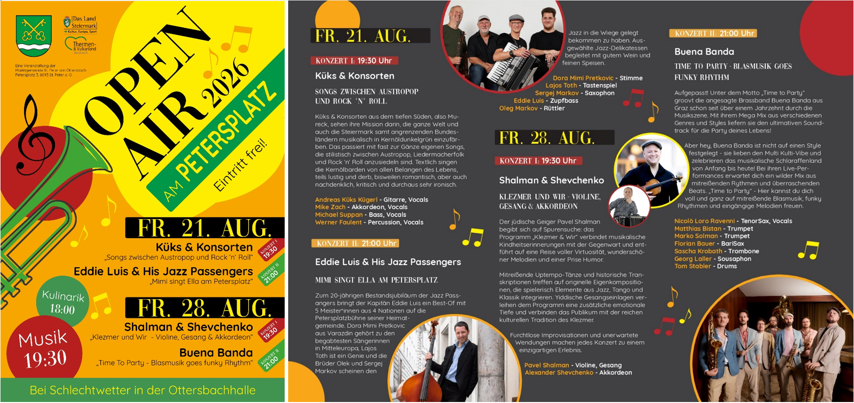 Ein Plakat für ein Jazz-Konzert mit verschiedenen Künstlern und Bands, darunter Kueks & Konsorten, Doral Mimi Pretkovic und andere. Das Plakat enthält Termine, Uhrzeiten und kurze Beschreibungen der Auftritte.