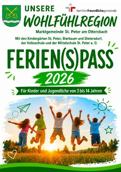 Ein Plakat für den Ferienpass 2026 für Kinder und Jugendliche im Alter von 3 bis 14 Jahren, mit einer springenden Gruppe von Kindern.