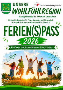 Ein Plakat für den Ferienpass 2026 für Kinder und Jugendliche im Alter von 3 bis 14 Jahren, mit einer springenden Gruppe von Kindern.