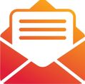 Orange und weißes Umschlag-Symbol mit einem weißen Papier im Inneren, das eine Nachricht oder E-Mail symbolisiert.