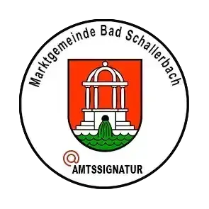 Das Logo der Marktgemeinde Bad Schallerbach, mit einem roten und weißen kreisförmigen Emblem, das ein Gebäude und eine Brunnengestaltung zeigt, mit dem Text 'AMTSIGNATUR' darunter.