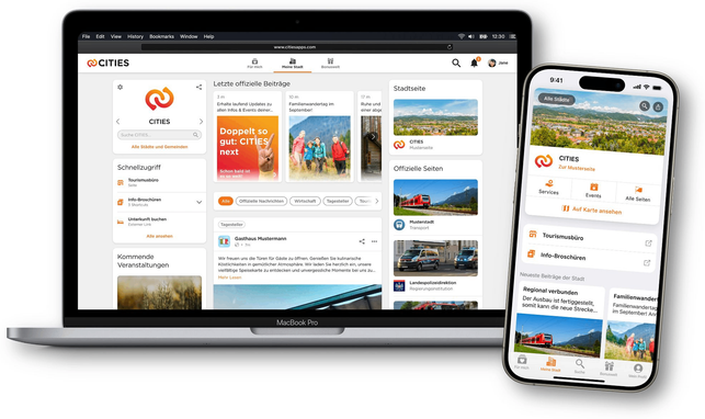 Screenshot eines Reise-Websites auf einem MacBook Pro, das verschiedene Kategorien wie Städte, Transport und Dienstleistungen zeigt. Der Desktop hat die Website geöffnet mit Bereichen für aktuelle Updates, Stadtseiten und offizielle Seiten. Das Handy-Bildschirm zeigt dieselbe Website mit Fokus auf Städte und Dienstleistungen.