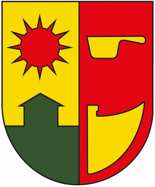Ein Wappenschild mit einem gelben Feld, das in zwei Teile geteilt ist, einer mit einer roten Sonne und einem grünen Haus, der andere mit einem roten Schild mit einer gelben geschwungenen Form.