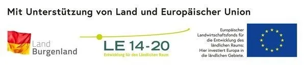 Ein Bild, das die Unterstützung von Land und Europäischer Union zeigt, mit der Flagge Deutschlands, der EU-Flagge und einem Textblock, der LE 14-20 hervorhebt.