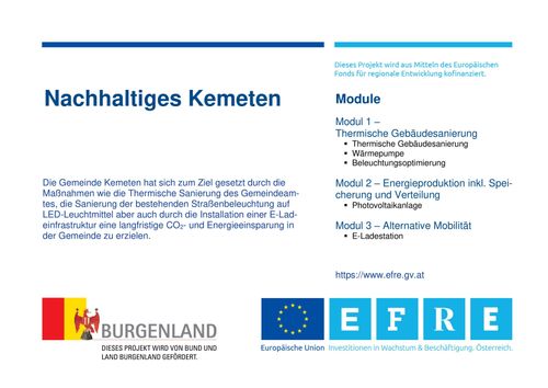Dieses Projekt wird aus Mitteln des Europäischen Fonds für regionale Entwicklung kofinanziert. Es zielt auf die Sanierung thermischer Gebäude, die Installation von E-Ladestationen und die Förderung alternativer Mobilität ab. Es wird von der Europäischen Union und dem Land Burgenland unterstützt.