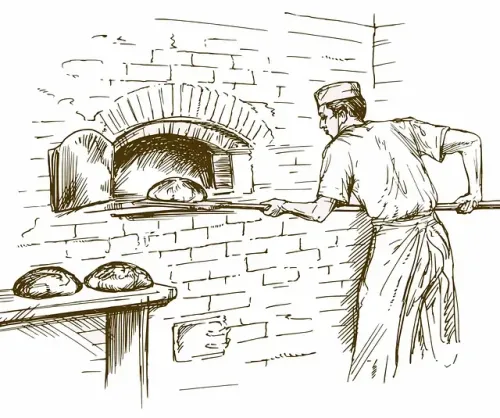 Ein Mann mit Hut benutzt einen langen Stock, um Brot aus einem Backofen zu nehmen.