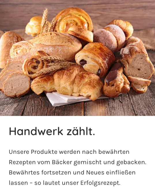 Eine Sammlung von handwerklichen Broten und Gebäck auf einem Holztisch mit einem Slogan in Deutsch.