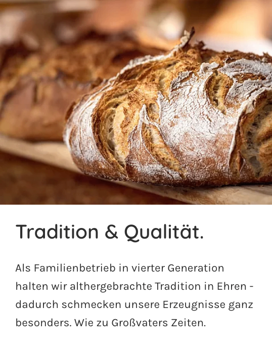 Ein Laib rustikales Brot liegt auf einem Holzbrett mit einem Slogan über Tradition und Qualität. Das Brot hat eine goldbraune Kruste und einen rustikalen Look.
