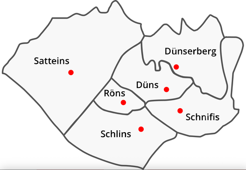 Eine Karte, die die Orte Duinserbatteins, Düns, Röns, Schins und Schins zeigt. Jeder Ort ist mit einem roten Punkt markiert.