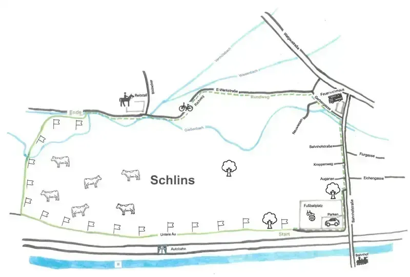 Eine Karte zeigt das Gebiet von Schlins, einschließlich eines Fahrradwegs, eines Fußballplatzes, eines Parkplatzes und mehrerer Kühe in eingezäunten Bereichen. Die Karte zeigt auch verschiedene Wege und Straßen.