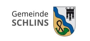 Das Logo für Gemeinde SCHLINS zeigt einen Schild mit einer Welle, einer Burg und einer grünen Schnecke. Der Text 'Gemeind SCHLINS' ist prominent angezeigt.