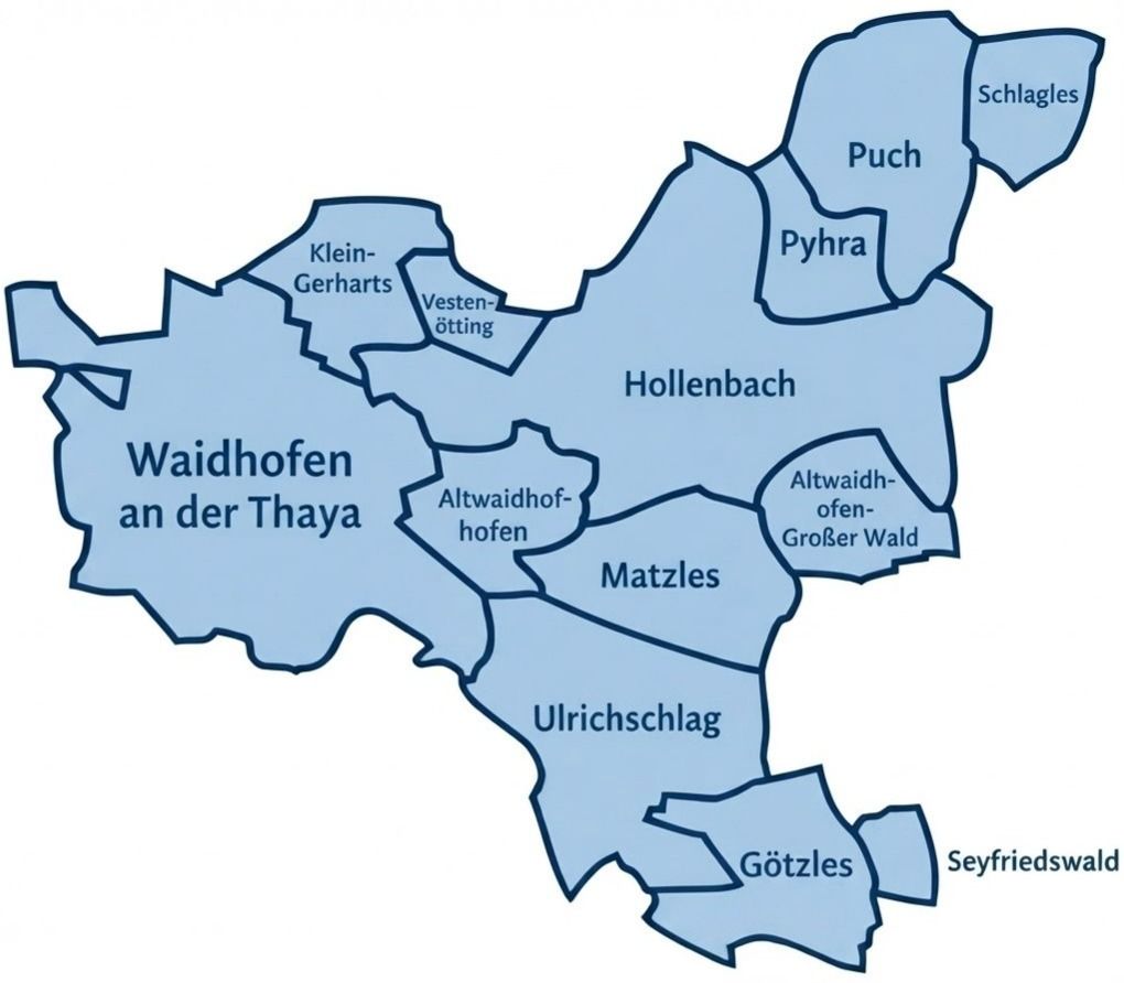 Eine Karte der Region Waidhofen an der Thaya, Österreich, mit hervorgehobenen Städten und Dörfern wie Klein-Gerharts, Vestenötting, Hollenbach, Pyhra, Altwaidhhofen, Matzles, Ulrichschlag, Götzles und Seyfrieds.