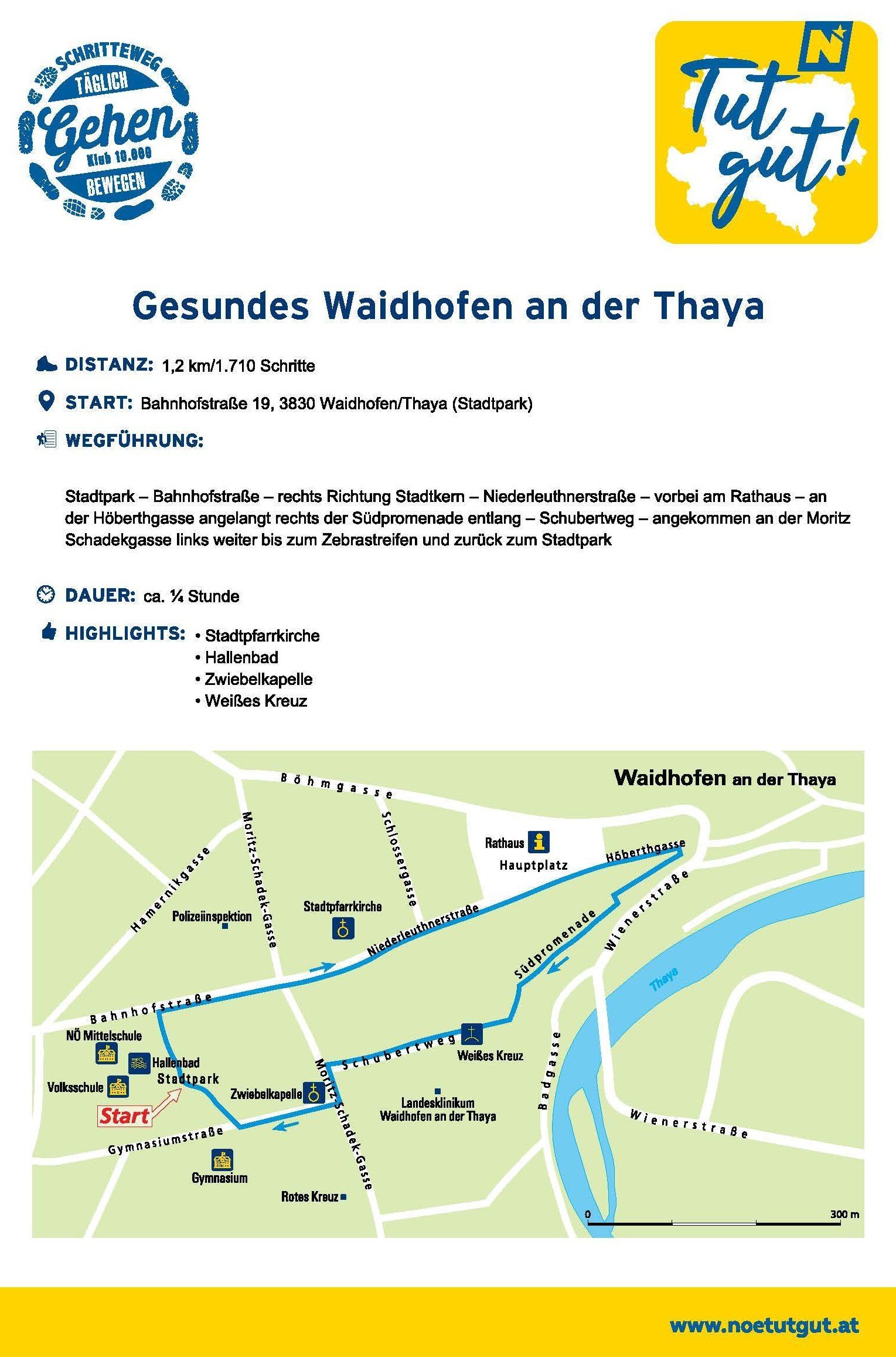 Ein gesunder Spaziergang entlang der Thaya. Distanz: 1,2 km/1.710 Schritte. Start: Bahnhofstraße 19, 3830 Waidhofen/Thaya (Stadtzentrum). Dauer: ca. 1/4 Stunde. Highlights: Stadtpfarrkirche, Hellebad, Zwiebelkapelle, Weißes Kreuz.