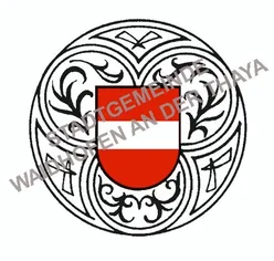 Das Wappen von Wien, Österreich, zeigt einen roten Schild mit einem weißen Streifen, umgeben von verzierten dekorativen Elementen.