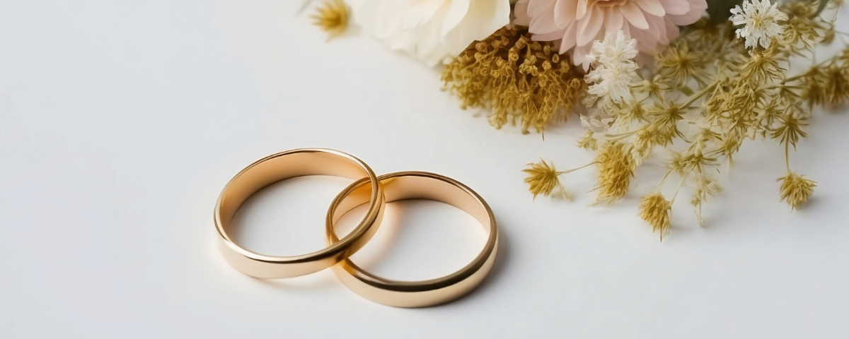 Zwei goldene Eheringe liegen auf einer weißen Oberfläche mit Blumen im Hintergrund.